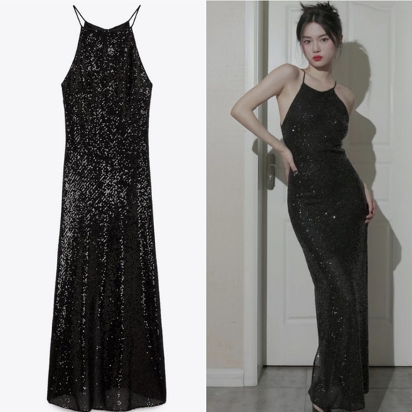 Zara sequin long dress gown black midi maxi